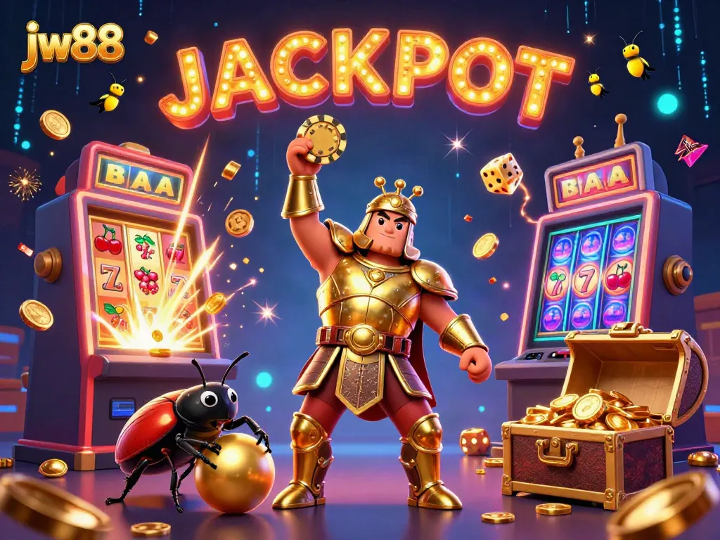 Experience excitement with JW88's dynamic casino scene featuring cartoon heroes and slot jackpots.
