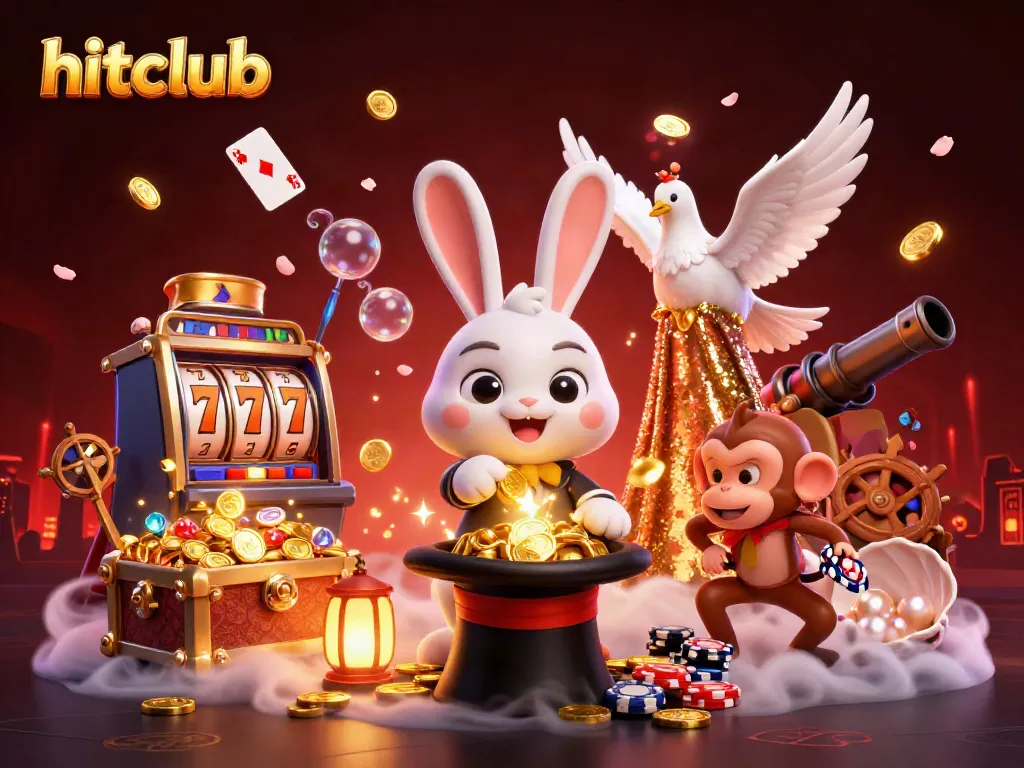 Experience the thrill of hitclub with a magician rabbit, dove, and monkey amidst dynamic casino elements.