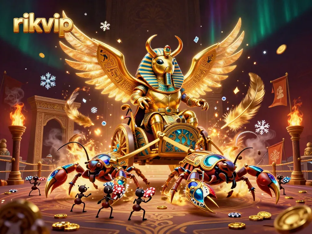 Engaging image of rikvip with a grand golden scarab beetle in pharaoh armor riding a chariot, themed for an exciting gambling experience.