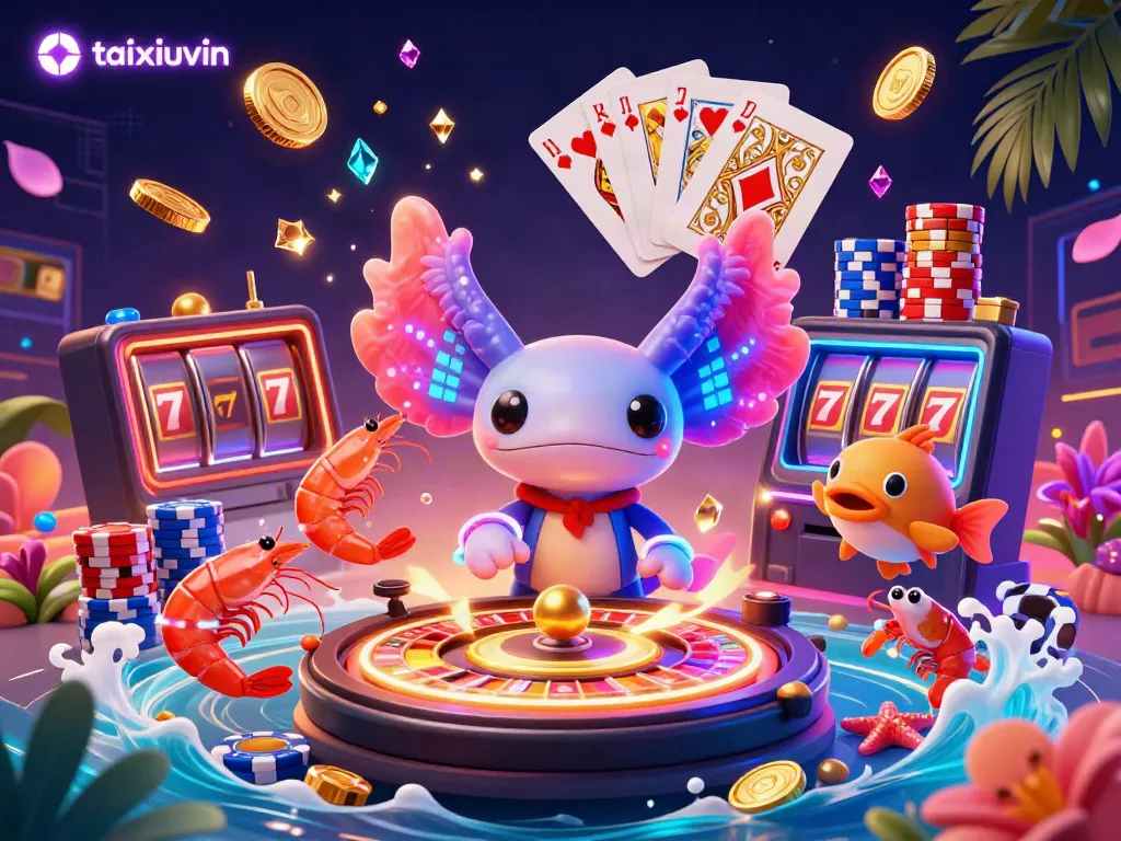 Engage in the vibrant casino ambiance of taixiuvin with neon creatures amidst roulette spins and cascading coins.