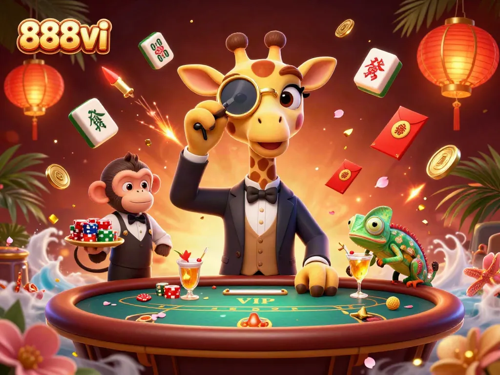Experience exciting gameplay at 888vi with high-roller giraffe and friends in a vibrant casino atmosphere.