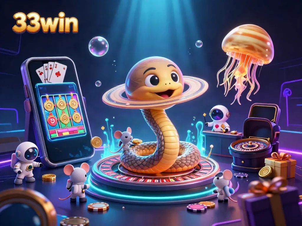 Experience thrilling bets with 33win's cosmic characters and vibrant casino elements.