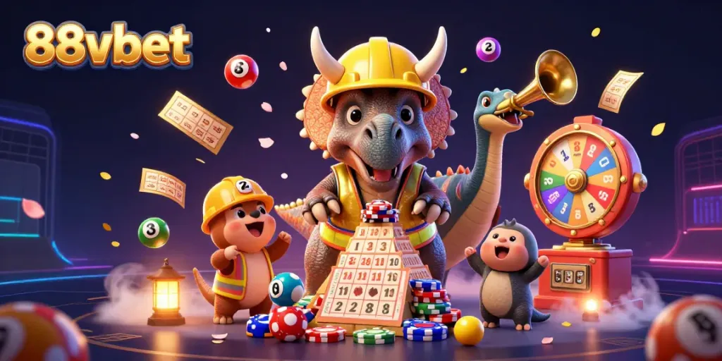 88vbet brings excitement with colorful lottery elements and vibrant characters in a celebratory casino scene