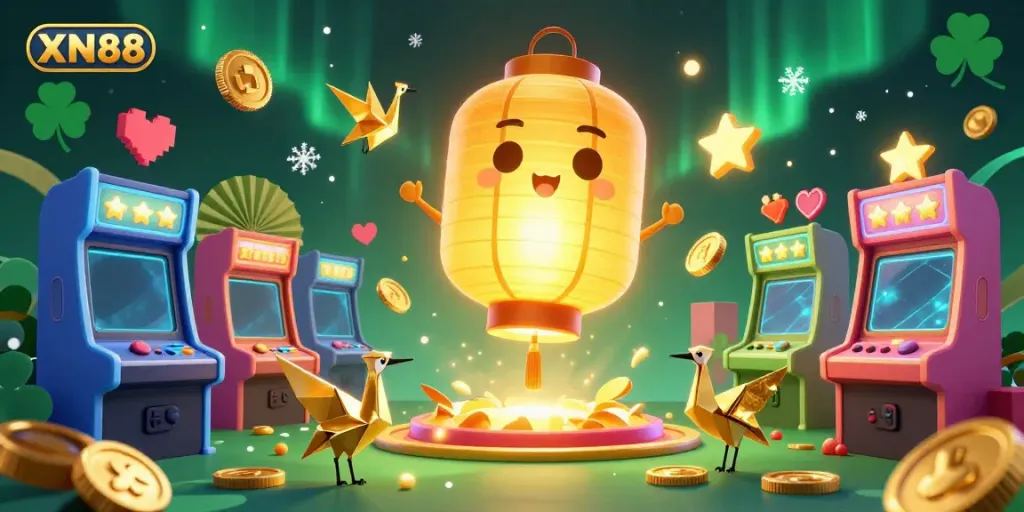 Play exciting casino games at XN88 with vibrant 3D characters and gold elements.