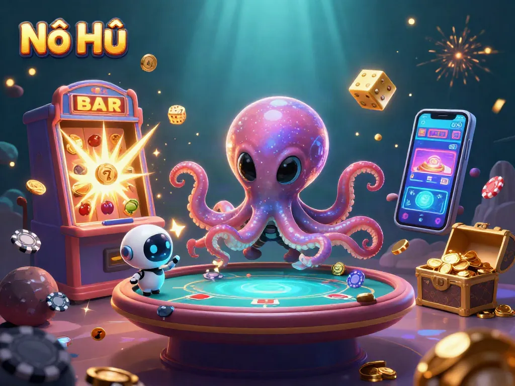 Nổ Hũ brings excitement as a cartoon alien octopus operates a holographic poker table with dynamic glamour.