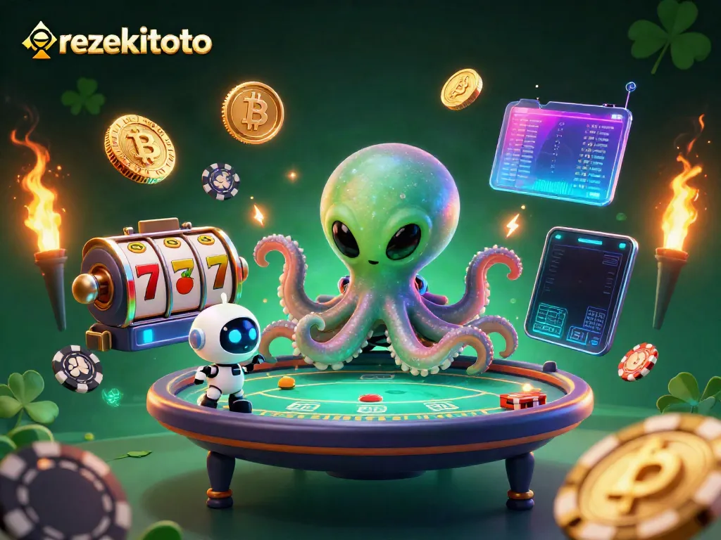 Engage with rezekitoto's exciting slot games featuring an alien octopus and robot amidst vibrant casino decor.