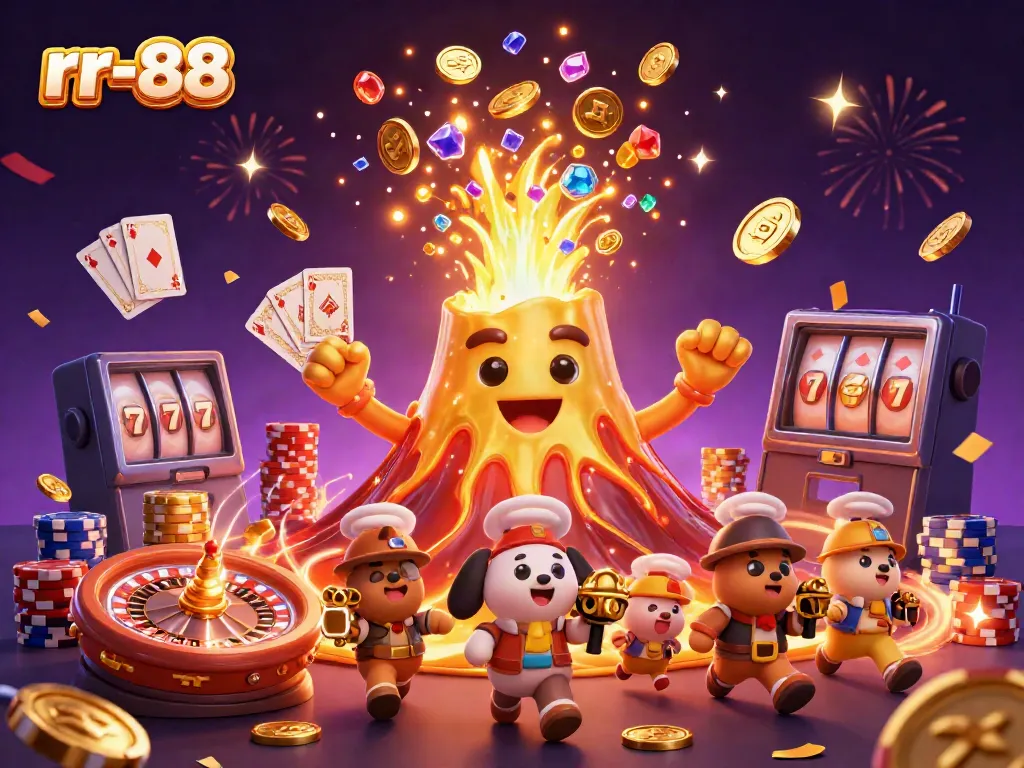 Experience rr-88's thrilling atmosphere with vibrant coins and a golden volcano erupting, showcasing online casino excitement.