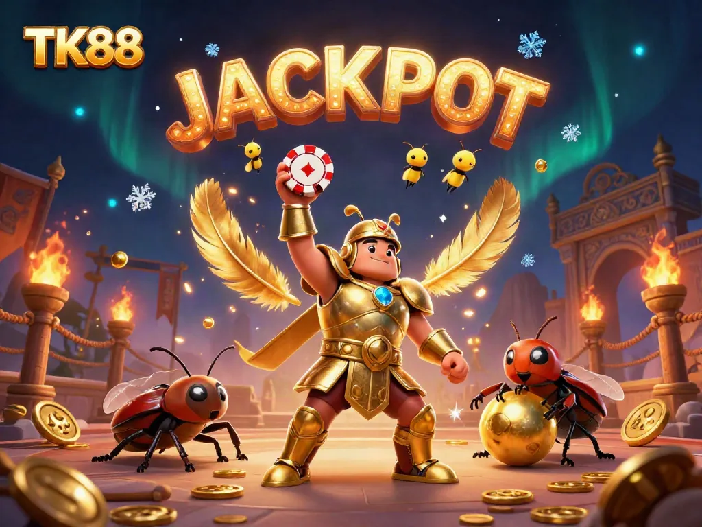 Engaging TK88 scene showcasing a victorious beetle lifting a poker chip amidst a dynamic casino atmosphere.