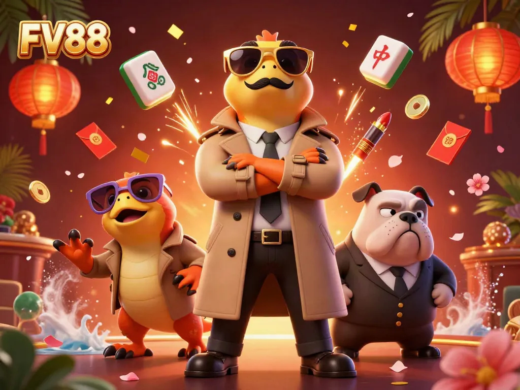 Engage with the vibrant FV88 VIP casino scene featuring raptors in disguise as a tall player.