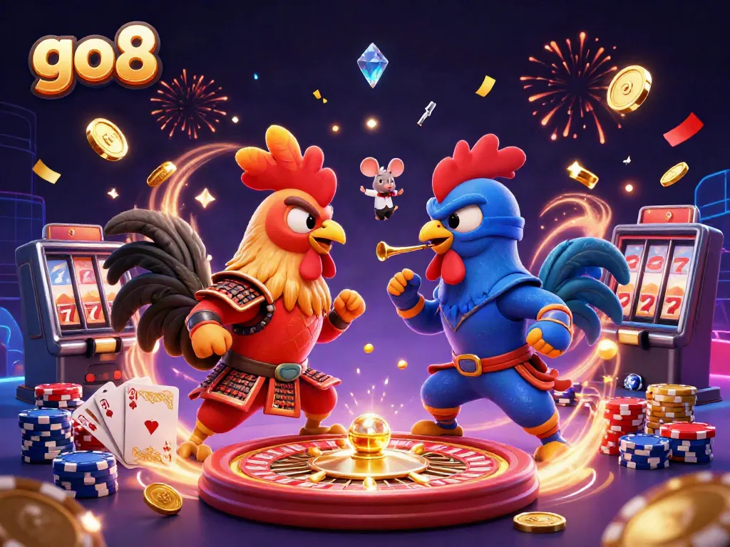 Experience thrilling action with go8's twin roosters in an epic casino showdown, surrounded by dynamic game elements.