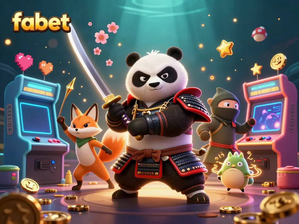 Experience the thrill of fabet gaming with a dynamic samurai panda, ninja fox, and magical tanuki in a vibrant casino scene.