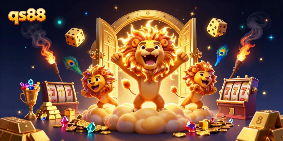 Win big with qs88 by rolling giant golden dice amidst piles of treasure and engaging slot elements.