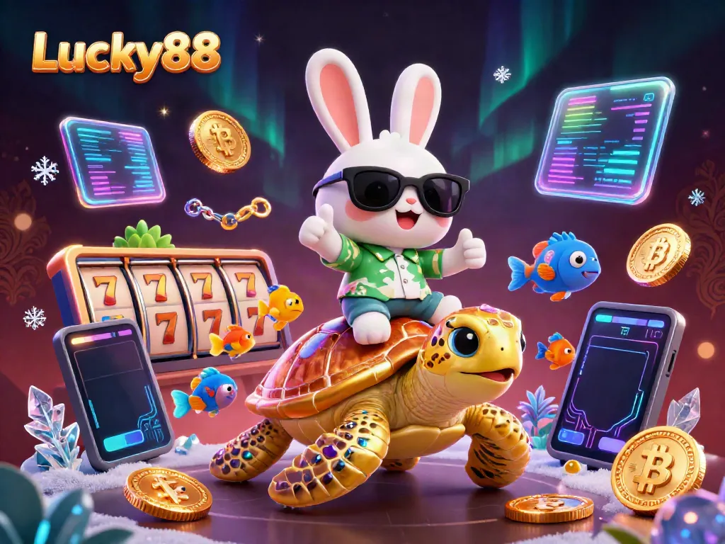 Experience thrilling gameplay with Lucky88's captivating casino environment featuring an adorable lucky rabbit and golden sea turtle.