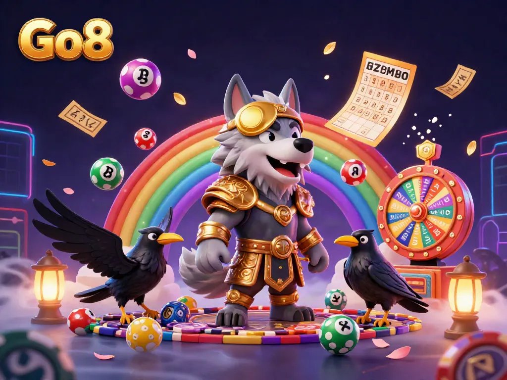 Engage with Go8’s vibrant casino atmosphere featuring a Norse-inspired scene filled with lottery and casino elements.