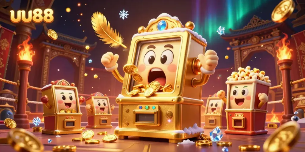 Experience the thrilling jackpot moments with the uu88 golden slot machine and friends celebrating in a dynamic casino scene.