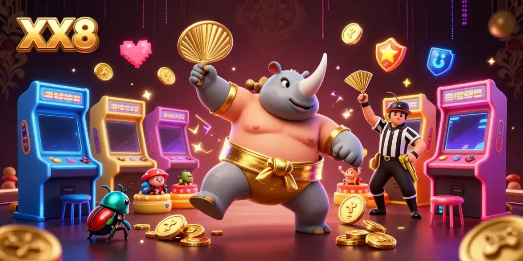 Engage in the exciting world of XX8 with a dynamic 3D digital illustration featuring gaming characters amidst vibrant casino elements.