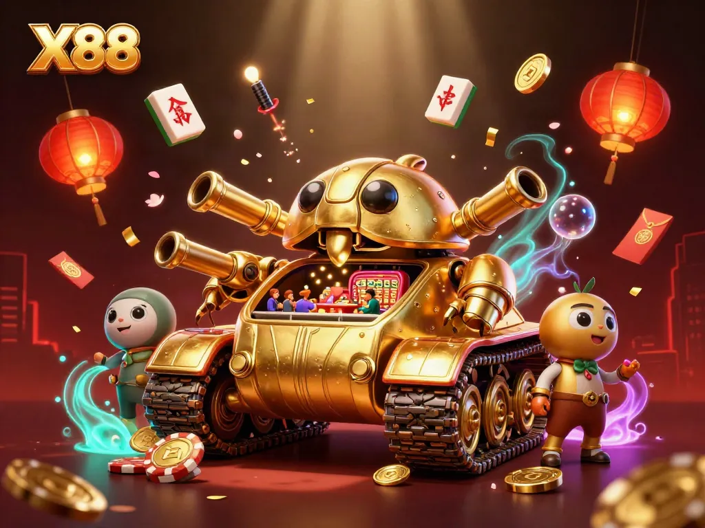 X88 captivates players with dynamic casino scenes featuring a golden beetle tank, rich game elements, and vibrant visuals.