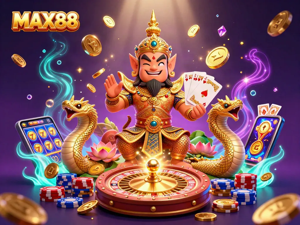 Experience the thrills of MAX88 with golden coins, vibrant gaming elements, and lively characters in this dynamic illustration
