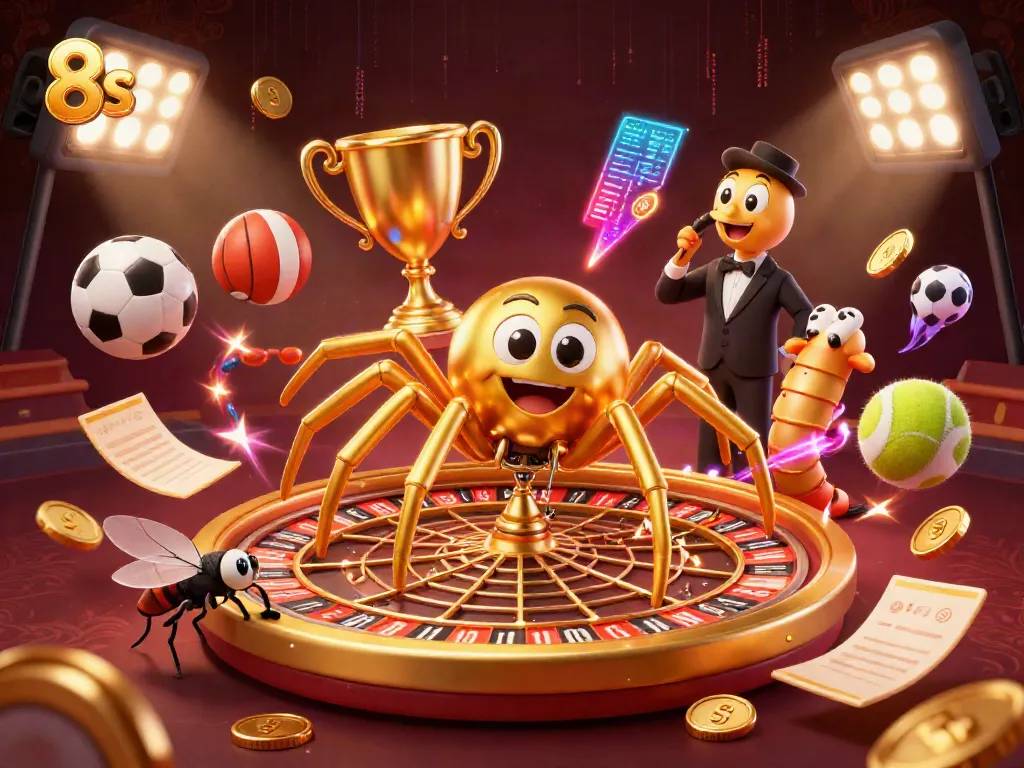 Bet big with 8s, featuring a cartoon golden spider and a lively roulette wheel web scene.