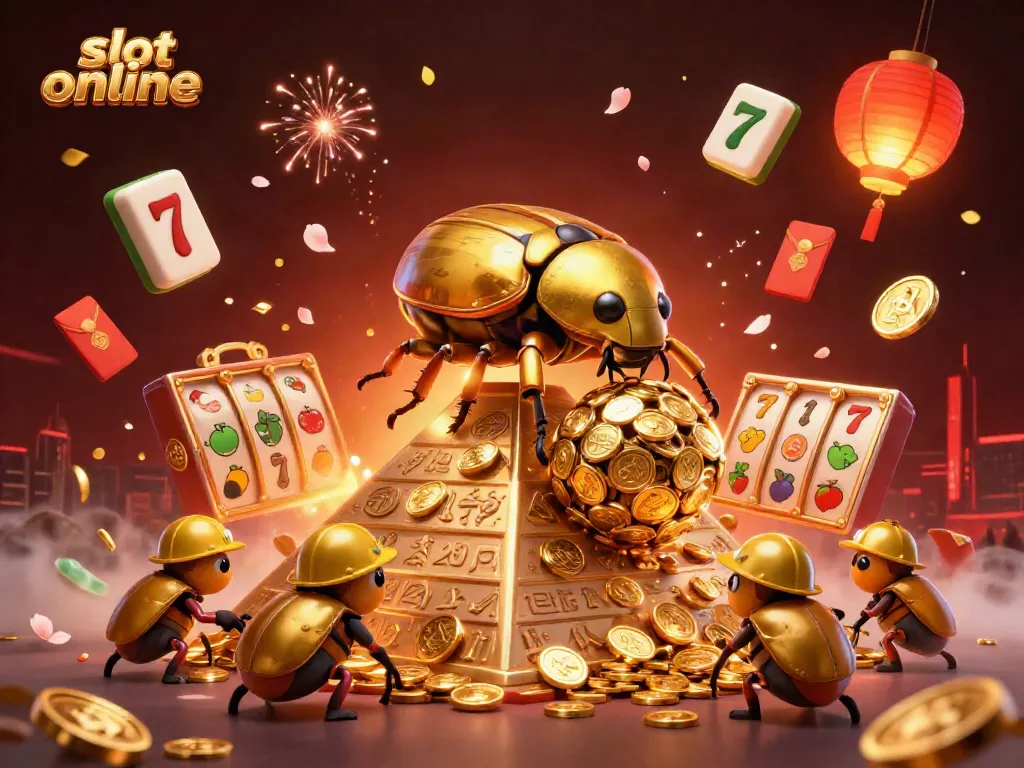 Engaging 3D illustration of slot online featuring a golden beetle and casino symbols.
