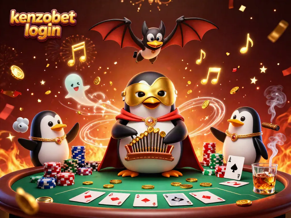 Kenzobet login to exciting 3D casino scene featuring a phantom penguin and poker elements