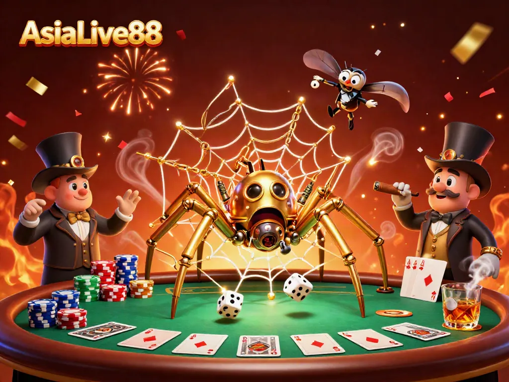 Experience thrilling gameplay at AsiaLive88 with golden spider web and poker elements surrounding the action.
