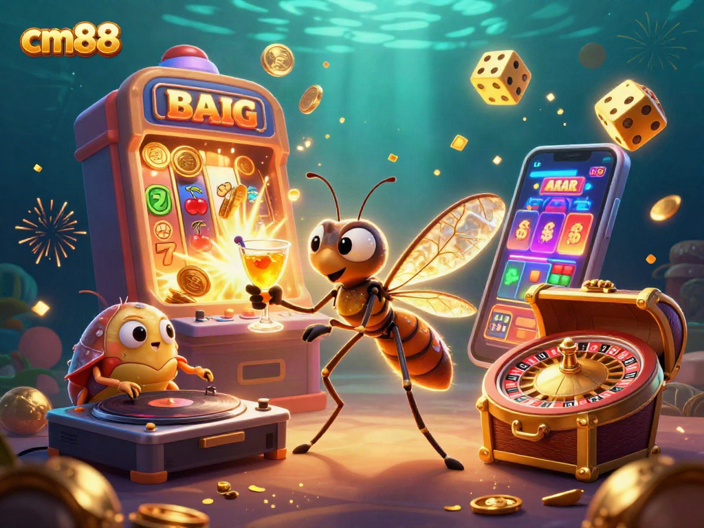Experience the exciting cm88 casino with a dynamic 3D illustration of characters and slot games.
