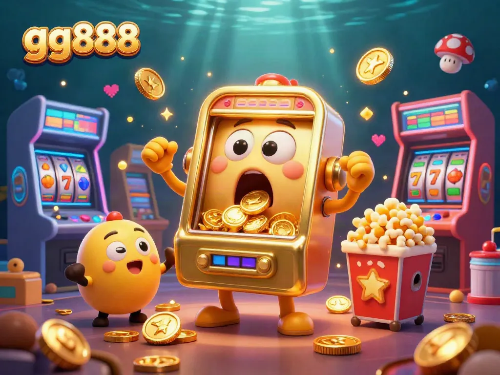 gg888 slot machine celebrating a huge jackpot with coins pouring out, showcasing exciting casino elements.