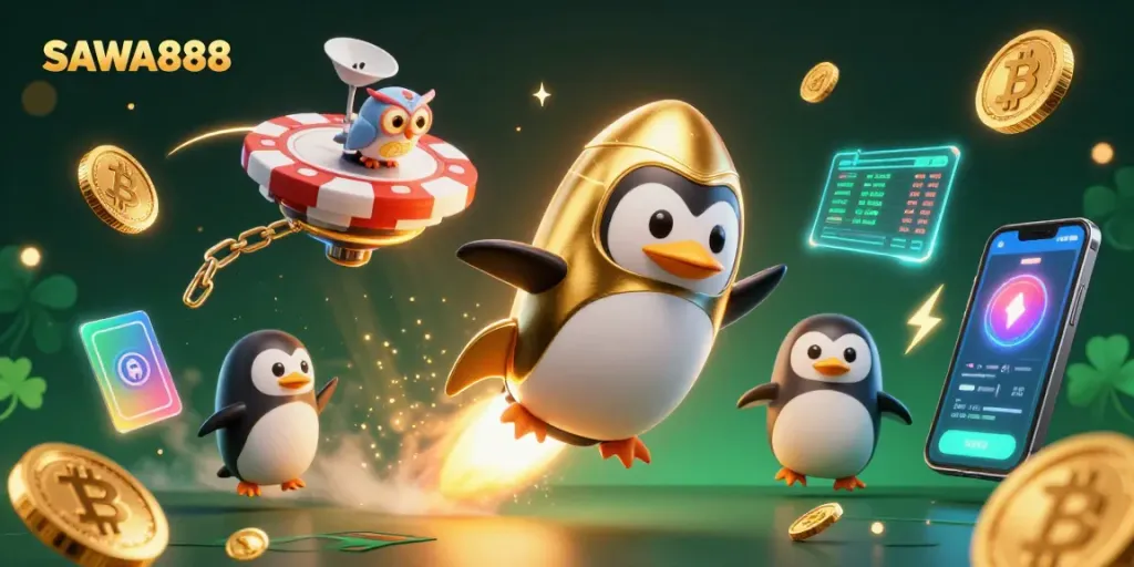 Play exciting games at SAWA888 with our 3D golden penguin and vibrant crypto elements.