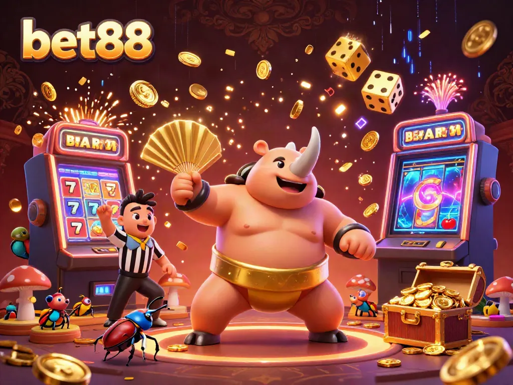 Experience the excitement of bet88 with a dynamic 3D casino scene featuring a beetle sumo champion.