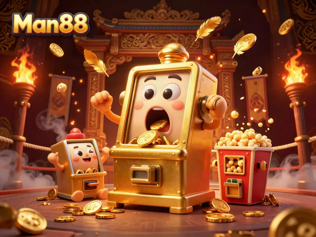 Experience the thrilling excitement of Man88 with a golden slot machine hitting a jackpot amid cheers from baby machines.