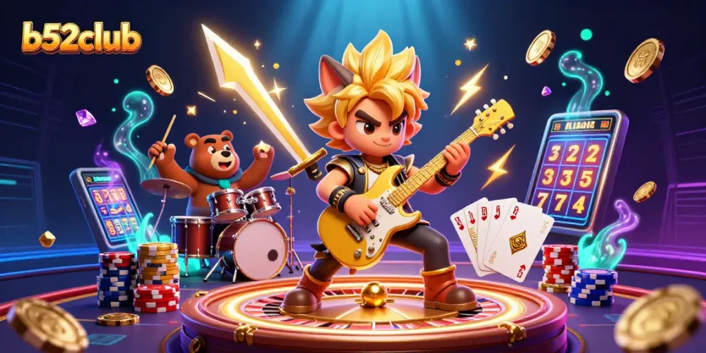 Spin to win at b52club with the dazzling duo of rock star wolf and drummer bear!