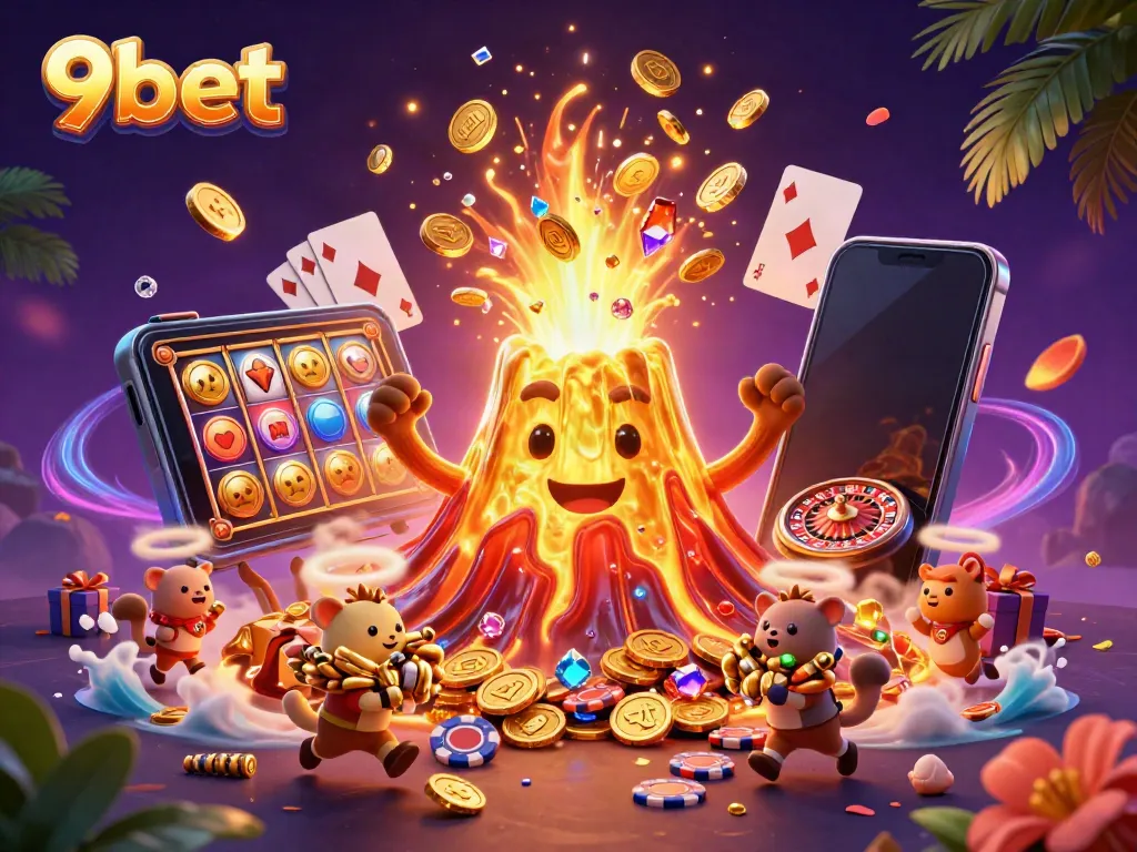 Experience the excitement of 9bet with a golden volcano erupting treasures around dynamic casino elements.