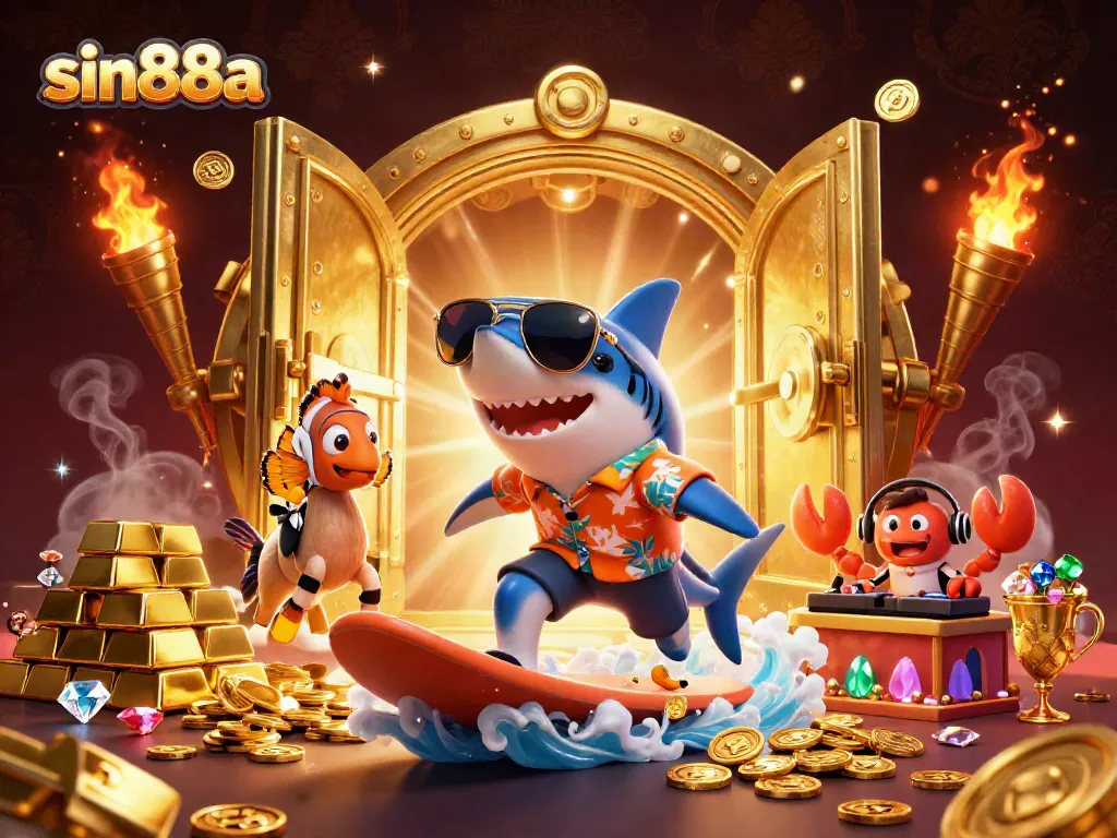 Engage in thrilling fun at sin88a with a lively casino scene featuring a surfing shark and sparkling treasures.