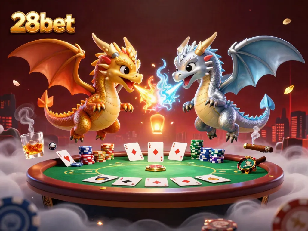 28bet's captivating dragon illustration showcases dynamic poker gameplay with colorful chips and glowing effects.