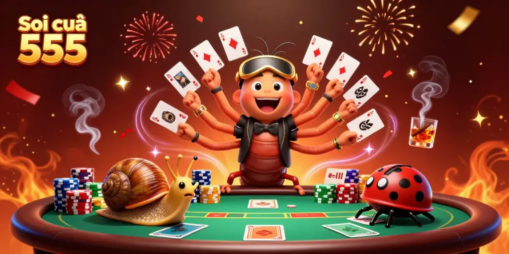 Engage with the excitement of Soi cầu 555 as the cartoon millipede dealer dazzles with playing cards and a high-roller's chip stack.