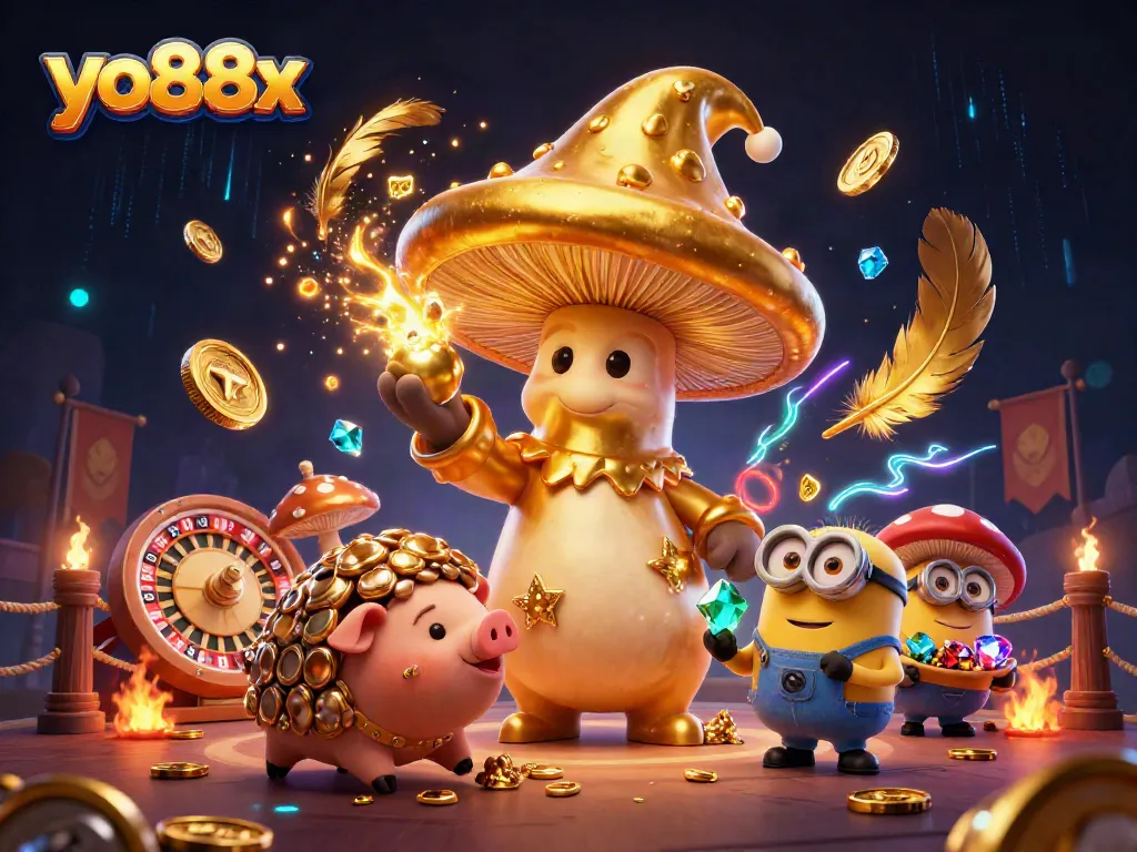 Engage with yo88x in a rich 3D illustration featuring a golden mushroom wizard and vibrant casino elements.