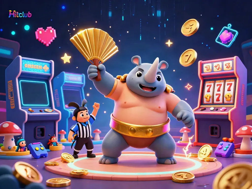 Hitclub features a thrilling cartoon sumo beetle champion tossing golden coins in a vibrant casino setting.