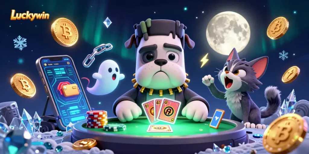 Experience Luckywin with a vibrant scene featuring a Frankenstein bulldog dealer, ghost mouse, and werewolf kitten in a spooky casino.
