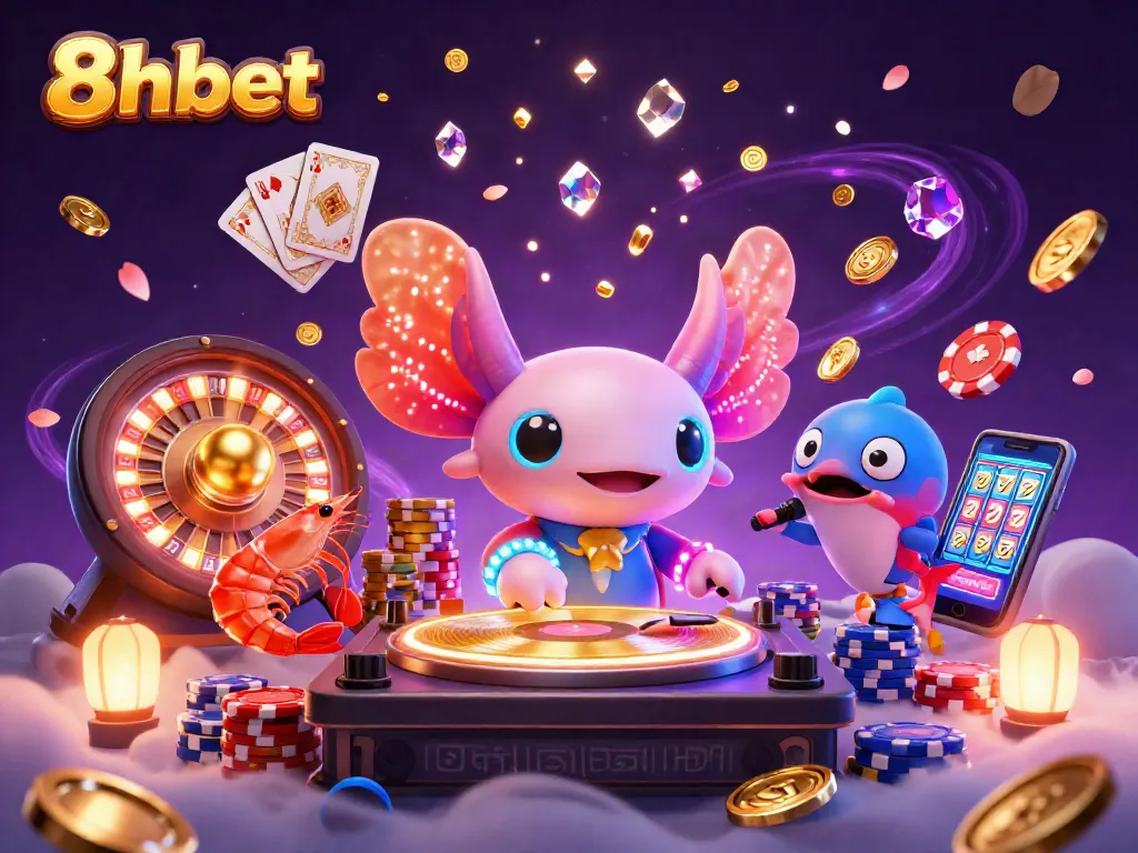 Spin with excitement at 8xbet featuring a neon axolotl DJ and vibrant casino elements.