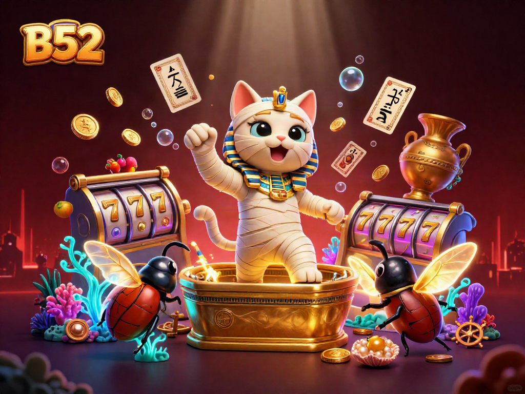 B52 adventures in a vibrant casino with a mummy cat and a scarab beetle amidst jackpot excitement