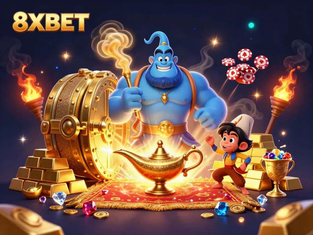 Engage in gaming adventures with 8XBET's vibrant casino scene showcasing winning symbols and characters.