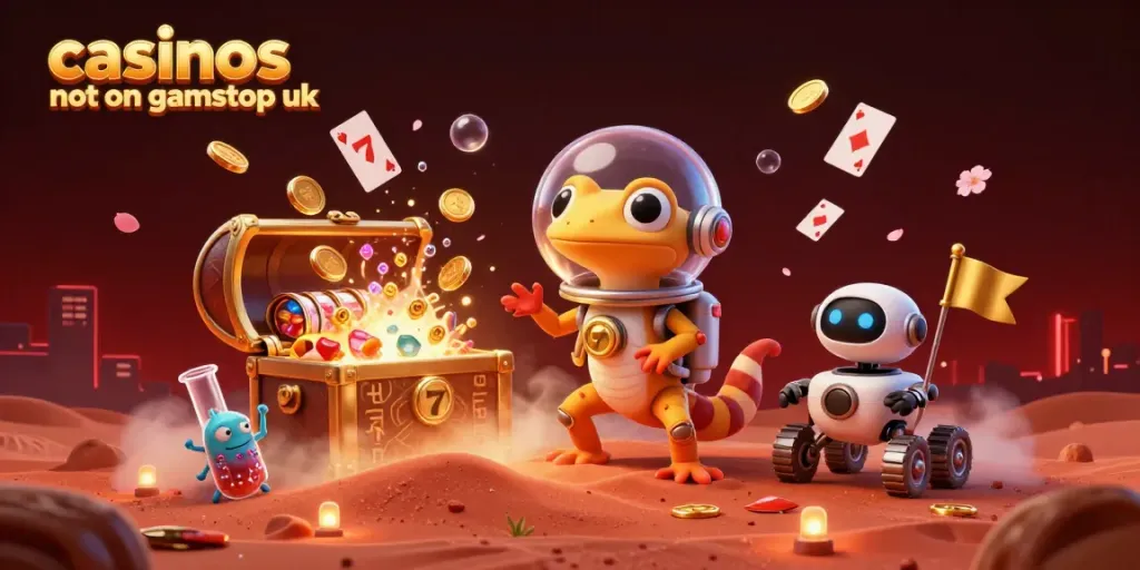 Explore thrilling casinos not on gamstop uk with a Martian gecko discovering a golden casino.
