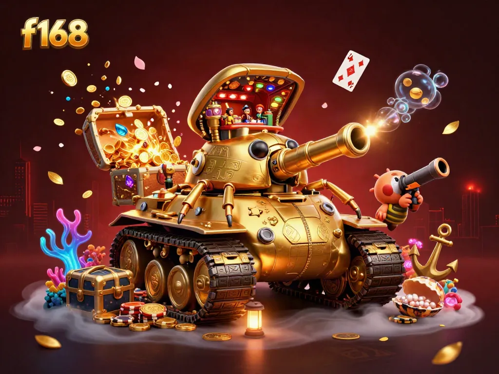 Experience the excitement of the f168 casino universe with a vibrant, bustling 3D illustration of a golden beetle tank and underwater treasures.