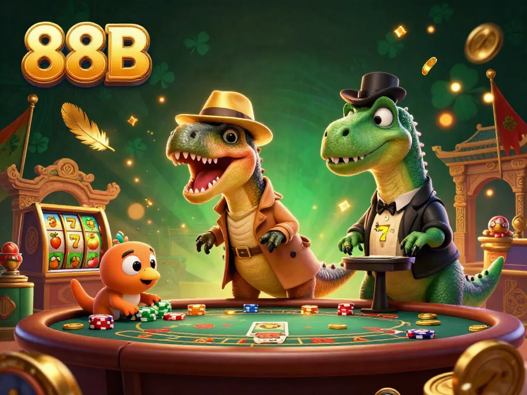 Experience the vibrant 88B casino atmosphere with a velociraptor card counter and stegosaurus pit boss.