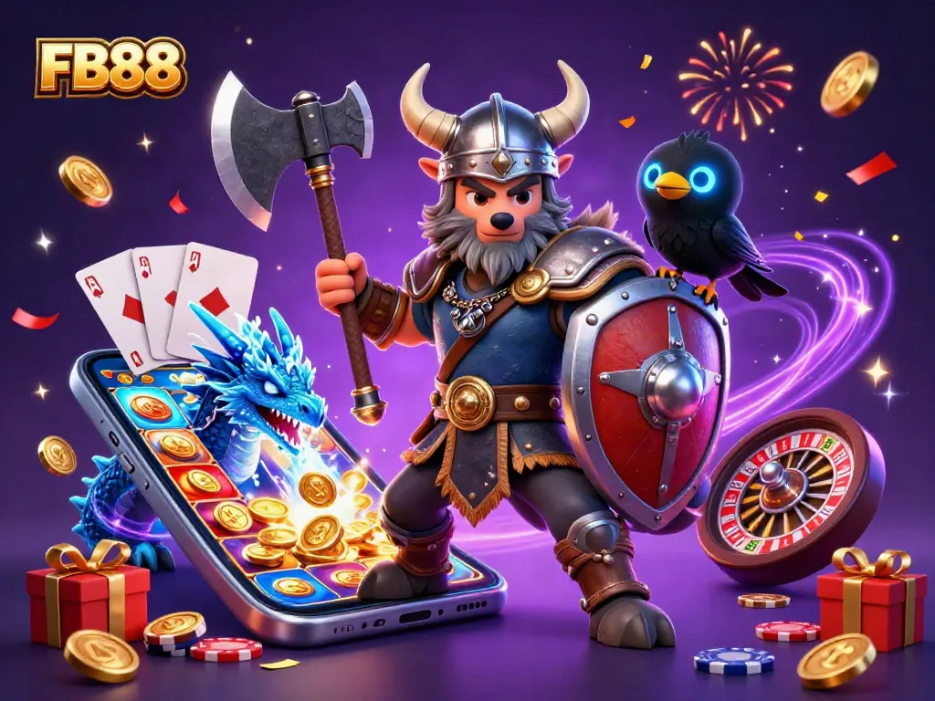 Experience thrilling gameplay at FB88 with a dynamic scene featuring a warrior, dragon, and gaming elements.