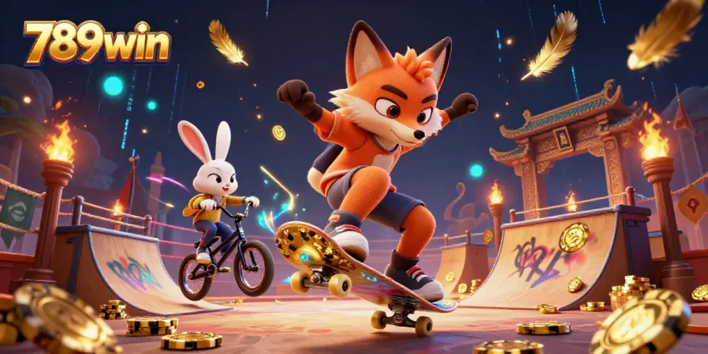 Experience the thrill of 789win with a cartoon fox skateboarder amidst casino elements.