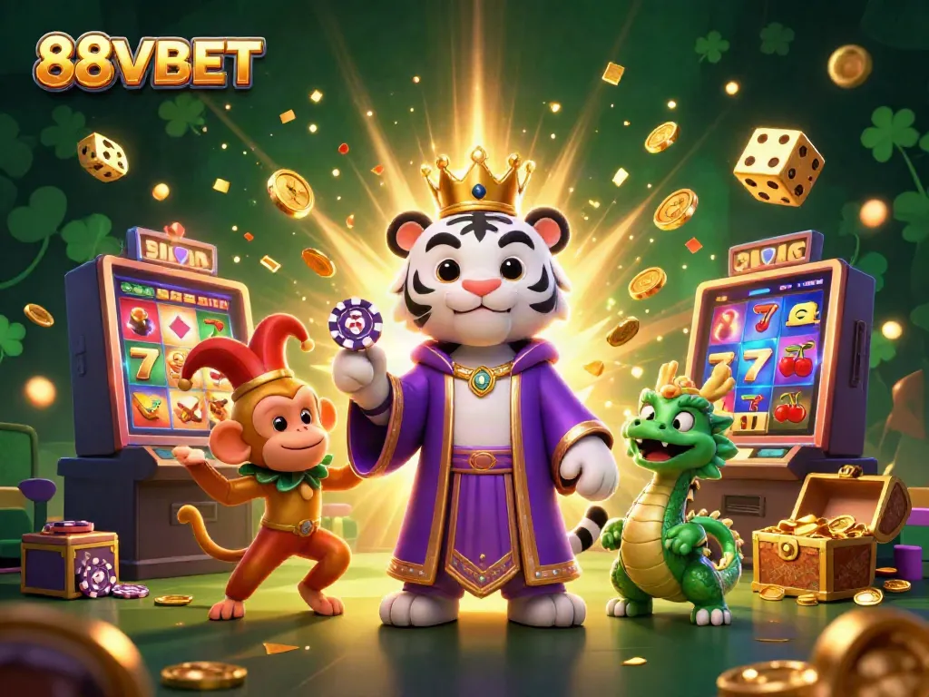 Experience 88VBET's vibrant casino world with a lively scene of a tiger, monkey, and jade dragon amid jackpot symbols.
