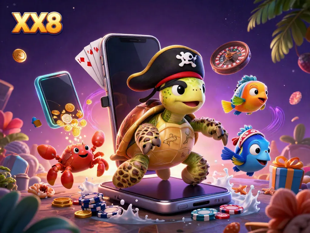 Experience the excitement of gambling with XX8's dynamic 3D pirate turtle scene showcasing vibrant casino elements.