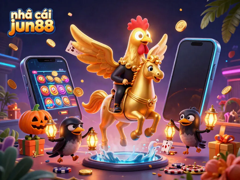 Experience the excitement of nhà cái jun88 through an enchanting casino scene with a golden rooster and its companions.